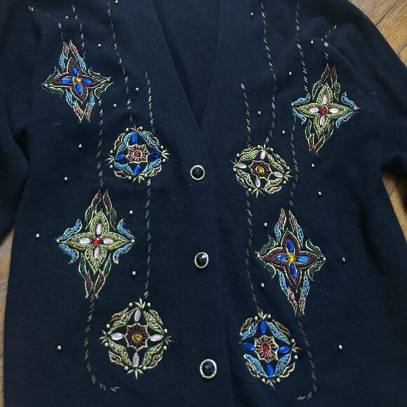 Vtg Lambswool Angora Beaded Long Cardigan Sweater Jewel Gold Medium Carducci 90s - Picture 5 of 5